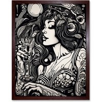 Artery8 Wall Art Print Woman Drinking Wine Black & White Art Framed in Brown | Size: W12" x H16"