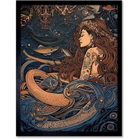 Artery8 Wall Art Print Little Mermaid & Aquatic Animals Art Framed in Black | Size: W12" x H16"