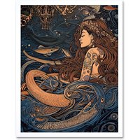 Artery8 Wall Art Print Little Mermaid & Aquatic Animals Art Framed in White | Size: W12" x H16"