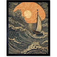 Artery8 Wall Art Print Boat Sailing into the Sunset Linocut Art Framed in Black | Size: W12" x H16"