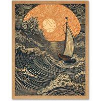 Artery8 Wall Art Print Boat Sailing into the Sunset Linocut Art Framed in Light Oak | Size: W12" x H16"