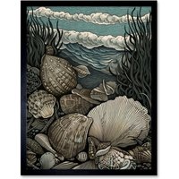 Artery8 Wall Art Print Seashells by the Shore Modern Coastal Art Framed in Black | Size: W12" x H16"