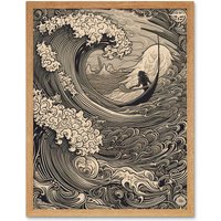 Artery8 Wall Art Print Jonah & the Storm at Sea Modern Art Framed in Light Oak | Size: W12" x H16"