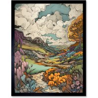 Artery8 Wall Art Print Meadow River Multicoloured Landscape Art Framed in Black | Size: W12" x H16"