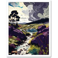 Artery8 Wall Art Print Stormy Clouds over Stream Wild Scottish Landscape Art Framed in White | Size: W12" x H16"