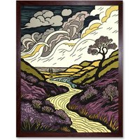 Artery8 Wall Art Print Scottish Countryside Path with Purple Heather Art Framed in Brown | Size: W12" x H16"