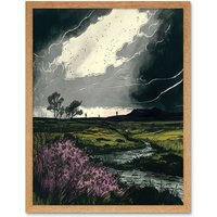 Artery8 Wall Art Print Storm Clouds at Scottish Meadow with Heather Shrub Art Framed in Light Oak | Size: W12" x H16"
