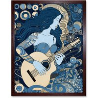 Artery8 Wall Art Print Woman with Sleeve Tattoo Playing Guitar Music Art Framed in Brown | Size: W12" x H16"