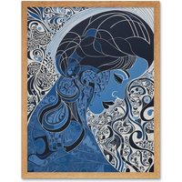 Artery8 Wall Art Print Melancholy in Blue Woman Modern Folk Art Portrait Art Framed in Light Oak | Size: W12" x H16"
