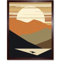 Artery8 Wall Art Print Lakeside Mountain Sunset Boho Minimalism Landscape Art Framed in Brown | Size: W12" x H16"