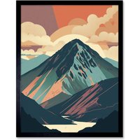 Artery8 Wall Art Print Mountain Hill Sunrise Boho Landscape Art Framed in Black | Size: W12" x H16"