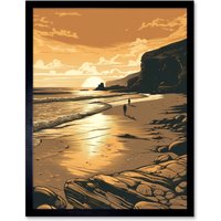 Artery8 Wall Art Print Couple walking on the Beach at Sunset Art Framed in Black | Size: W12" x H16"