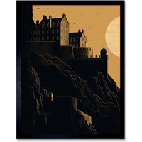 Artery8 Wall Art Print Edinburgh Castle at Sunset Linocut Art Framed in Black | Size: W12" x H16"