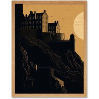 Artery8 Wall Art Print Edinburgh Castle at Sunset Linocut Art Framed in Light Oak | Size: W12" x H16"