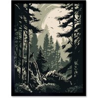 Artery8 Wall Art Print Pine Tree Forest Sunrise Landscape Art Framed in Black | Size: W12" x H16"