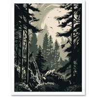Artery8 Wall Art Print Pine Tree Forest Sunrise Landscape Art Framed in White | Size: W12" x H16"