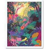 Artery8 Wall Art Print Vibrant Tropical Rainforest Sunrise Art Framed in White | Size: W12" x H16"