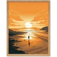 Artery8 Wall Art Print Walk into the Sunset Sand Beach Coastal Landscape Art Framed in Light Oak | Size: W12" x H16"