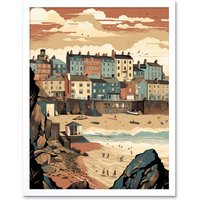 Artery8 Wall Art Print Tenby Harbour Beach Pastel Colour Coastal Town Art Framed in White | Size: W12" x H16"