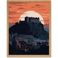 Artery8 Wall Art Print Edinburgh Castle & Old Town Atmospheric Sunset Art Framed in Light Oak | Size: W12" x H16"