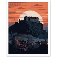 Artery8 Wall Art Print Edinburgh Castle & Old Town Atmospheric Sunset Art Framed in White | Size: W12" x H16"