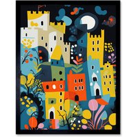 Artery8 Wall Art Print Nottingham at Night Abstract Folk Art Cityscape Art Framed in Black | Size: W12" x H16"