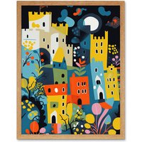 Artery8 Wall Art Print Nottingham at Night Abstract Folk Art Cityscape Art Framed in Light Oak | Size: W12" x H16"