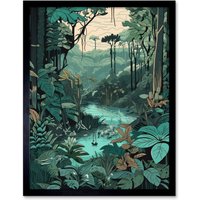 Artery8 Wall Art Print Amazon Rainforest Flora Landscape Art Framed in Black | Size: W12" x H16"