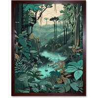 Artery8 Wall Art Print Amazon Rainforest Flora Landscape Art Framed in Brown | Size: W12" x H16"