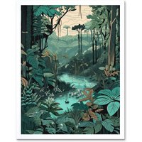 Artery8 Wall Art Print Amazon Rainforest Flora Landscape Art Framed in White | Size: W12" x H16"