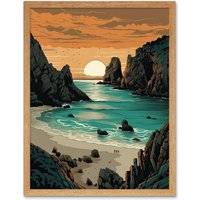 Artery8 Wall Art Print Porthcurno Beach Sunrise Coastal Landscape Art Framed in Light Oak | Size: W12" x H16"
