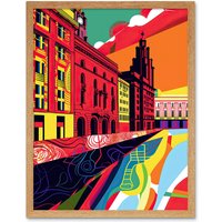 Artery8 Wall Art Print Royal Albert Dock Liverpool Waterfront Pop Art Framed in Light Oak | Size: W12" x H16"