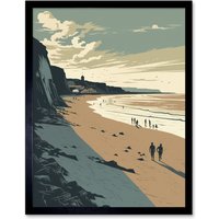 Artery8 Wall Art Print People Walking on Filey Beach Coastal Art Framed in Black | Size: W12" x H16"