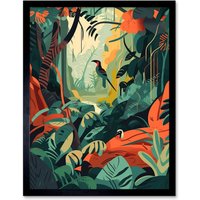 Artery8 Wall Art Print Amazon Rainforest Diverse Flora & Tropical Birds Art Framed in Black | Size: W12" x H16"
