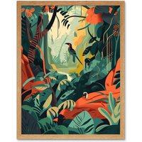 Artery8 Wall Art Print Amazon Rainforest Diverse Flora & Tropical Birds Art Framed in Light Oak | Size: W12" x H16"