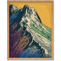 Artery8 Wall Art Print Multicoloured Mountain Range Peaks Pop Art Linocut Art Framed in Light Oak | Size: W12" x H16"