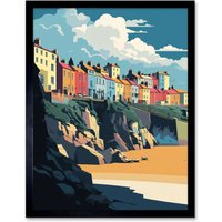 Artery8 Wall Art Print Tenby Harbour Beach Coastal Town Art Framed in Black | Size: W12" x H16"
