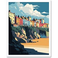 Artery8 Wall Art Print Tenby Harbour Beach Coastal Town Art Framed in White | Size: W12" x H16"