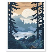 Artery8 Wall Art Print Lake View in Rainforest Landscape Art Framed in White | Size: W12" x H16"