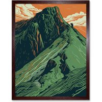 Artery8 Wall Art Print Hiking the Striding Edge Orange & Green Linocut Art Framed in Brown | Size: W12" x H16"