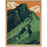 Artery8 Wall Art Print Hiking the Striding Edge Orange & Green Linocut Art Framed in Light Oak | Size: W12" x H16"