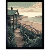 Artery8 Wall Art Print Summer Beach House Coastal Landscape Art Framed in Black | Size: W12" x H16"