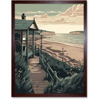 Artery8 Wall Art Print Summer Beach House Coastal Landscape Art Framed in Brown | Size: W12" x H16"