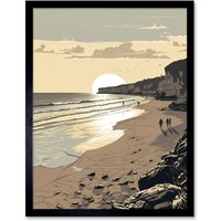 Artery8 Wall Art Print Sunrise Walk on Filey Beach Coastal Art Framed in Beige | Size: W12" x H16"