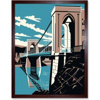 Artery8 Wall Art Print Clifton Suspension Bridge Tan Brown Blue Linocut Art Framed | Size: W12" x H16"