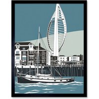 Artery8 Wall Art Print Portsmouth Historic Dockyard with Spinnaker Tower Art Framed in Blue | Size: W12" x H16"