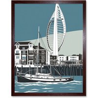 Artery8 Wall Art Print Portsmouth Historic Dockyard with Spinnaker Tower Art Framed in Brown | Size: W12" x H16"