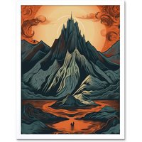 Artery8 Wall Art Print Erebor The Lonely Mountain Landscape Art Framed in White | Size: W12" x H16"