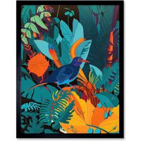 Artery8 Wall Art Print Bird in Tropical Forest Vibrant Art Framed in Black | Size: W12" x H16"