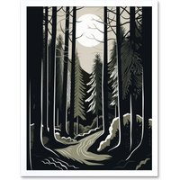 Artery8 Wall Art Print Full Moon Night at Pine Forest Landscape Linocut Art Framed in White | Size: W12" x H16"